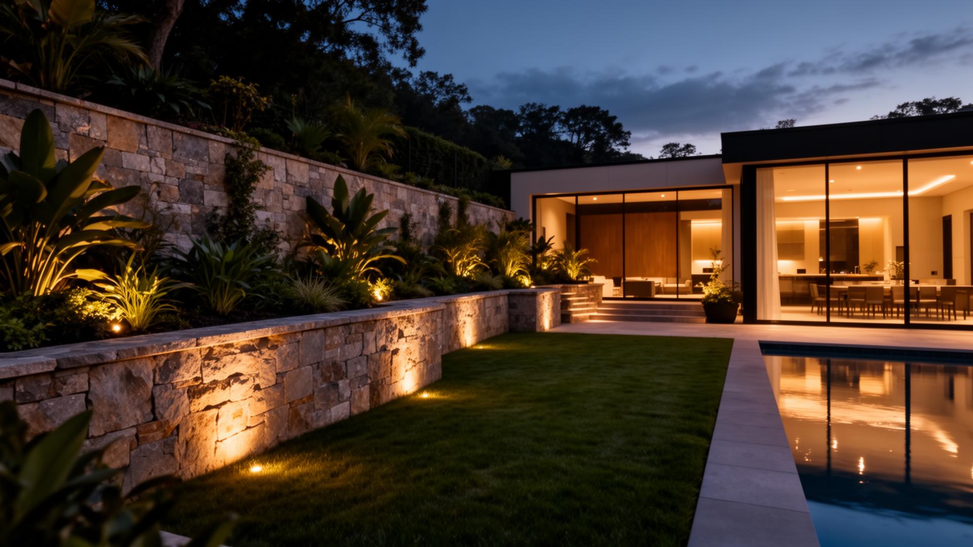 Luxury landscaped garden at twilight